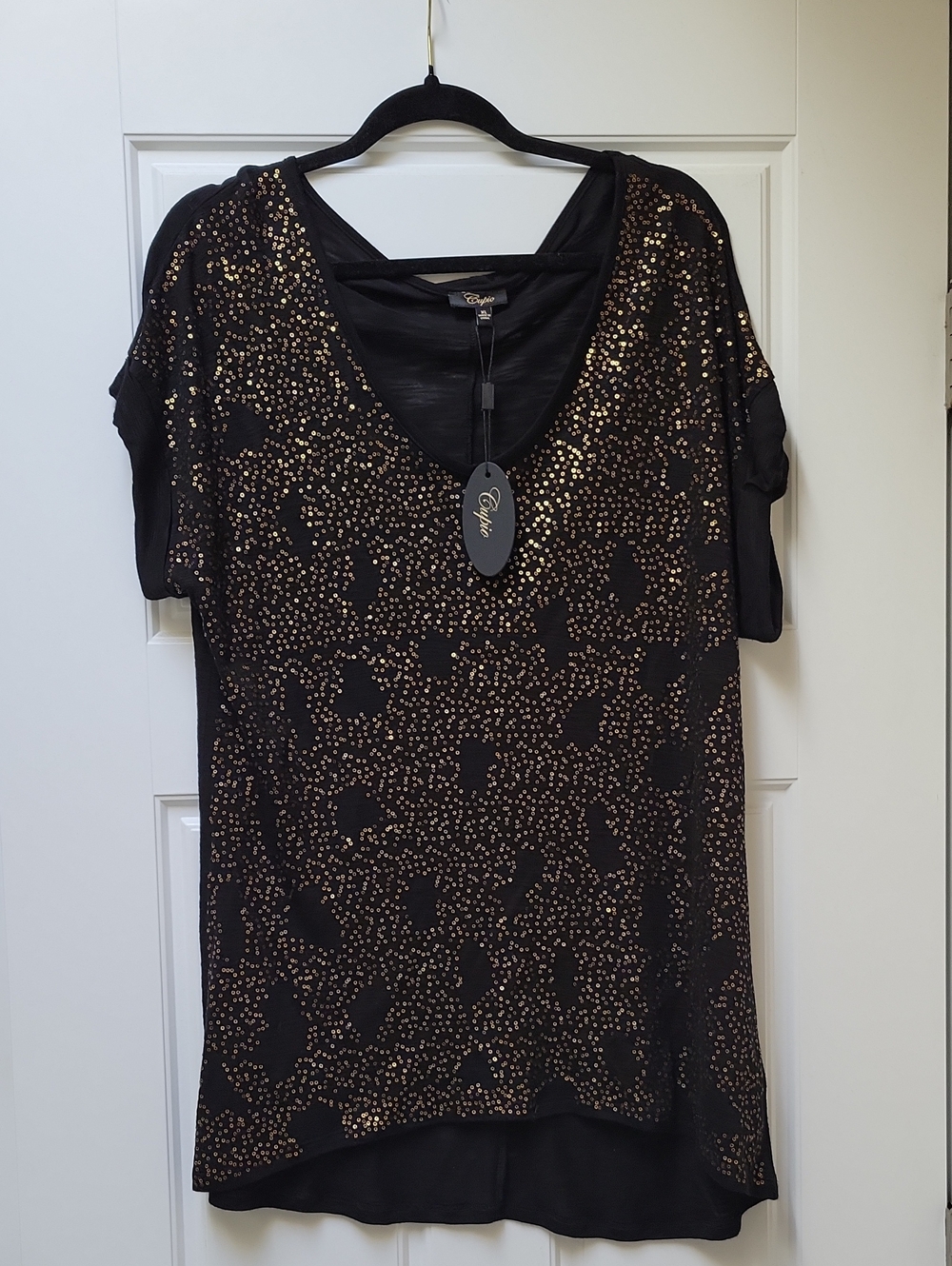 Cupio Black V-Neck Top with Gold Cheetah Pattern Sequins